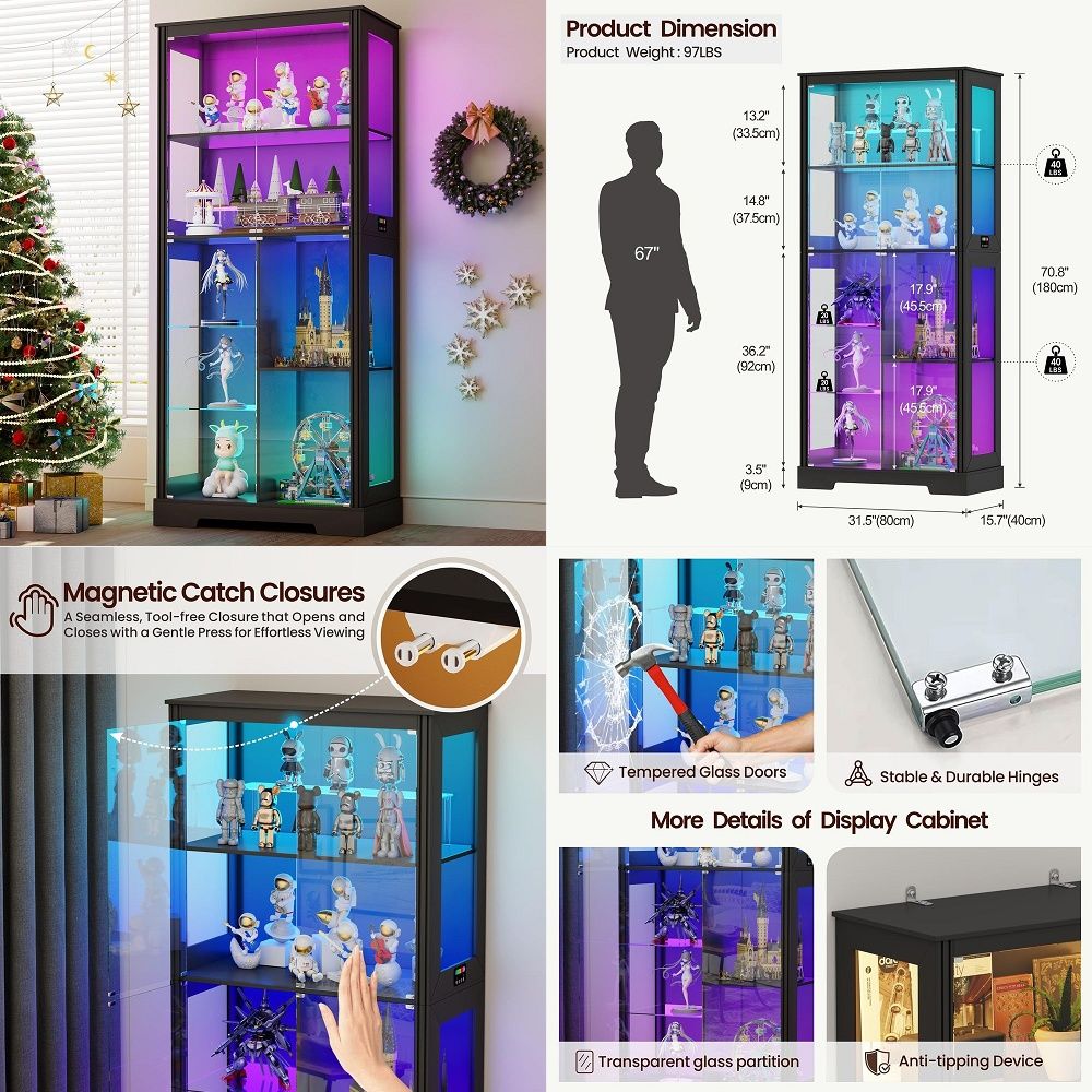 Glass Cabinet Display - Podświetlana narożna witryna ekspozycyjna, drewniana, z
